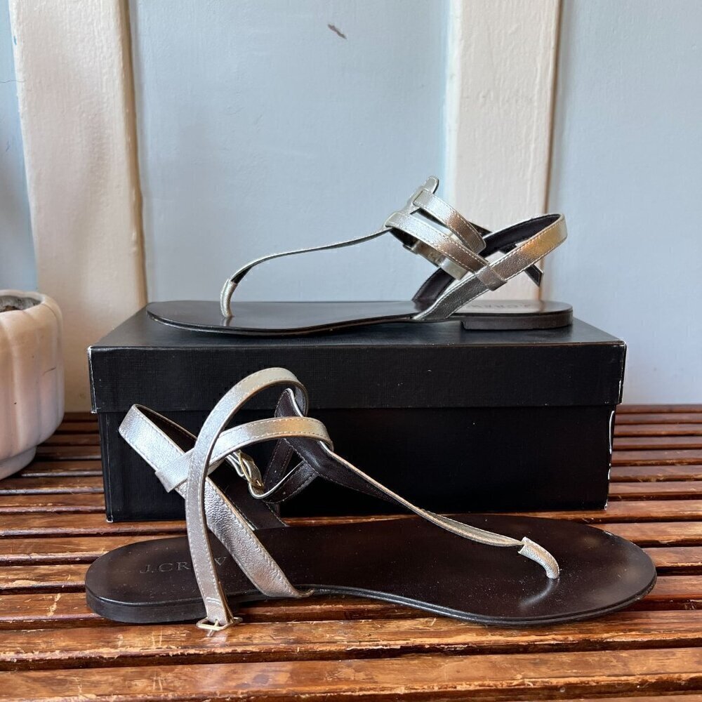 J. Crew Metallic Silver Tabbie T- Strap Sandals